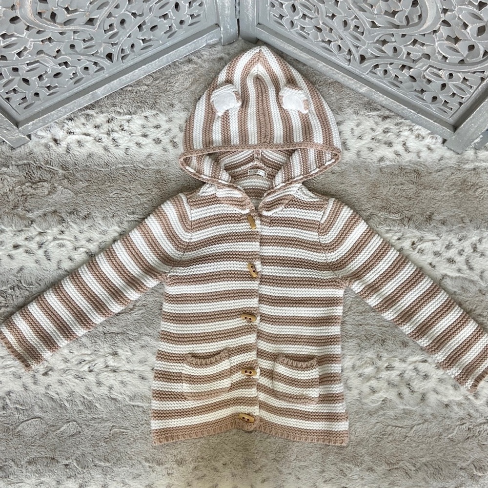 Max Studio button up bear hoodie sweater girls 2-5T neutral stripes gorpcore